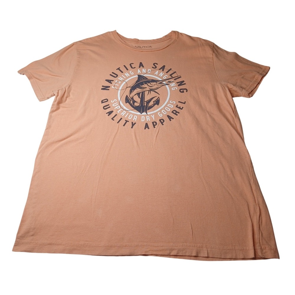 Nautica Graphic Tee Mens Large Peach Fishing Sailing Marlin Anchor Cotton Shirt